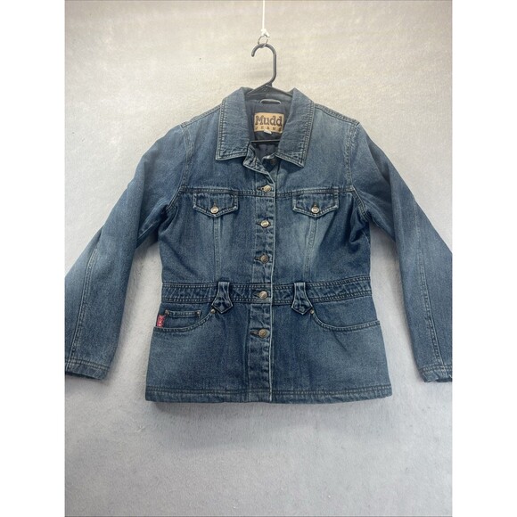 Mudd Quilted Lined Mid Length Jean Jacket L Blue Button Denim Grunge Vintage Y2K - Picture 1 of 9